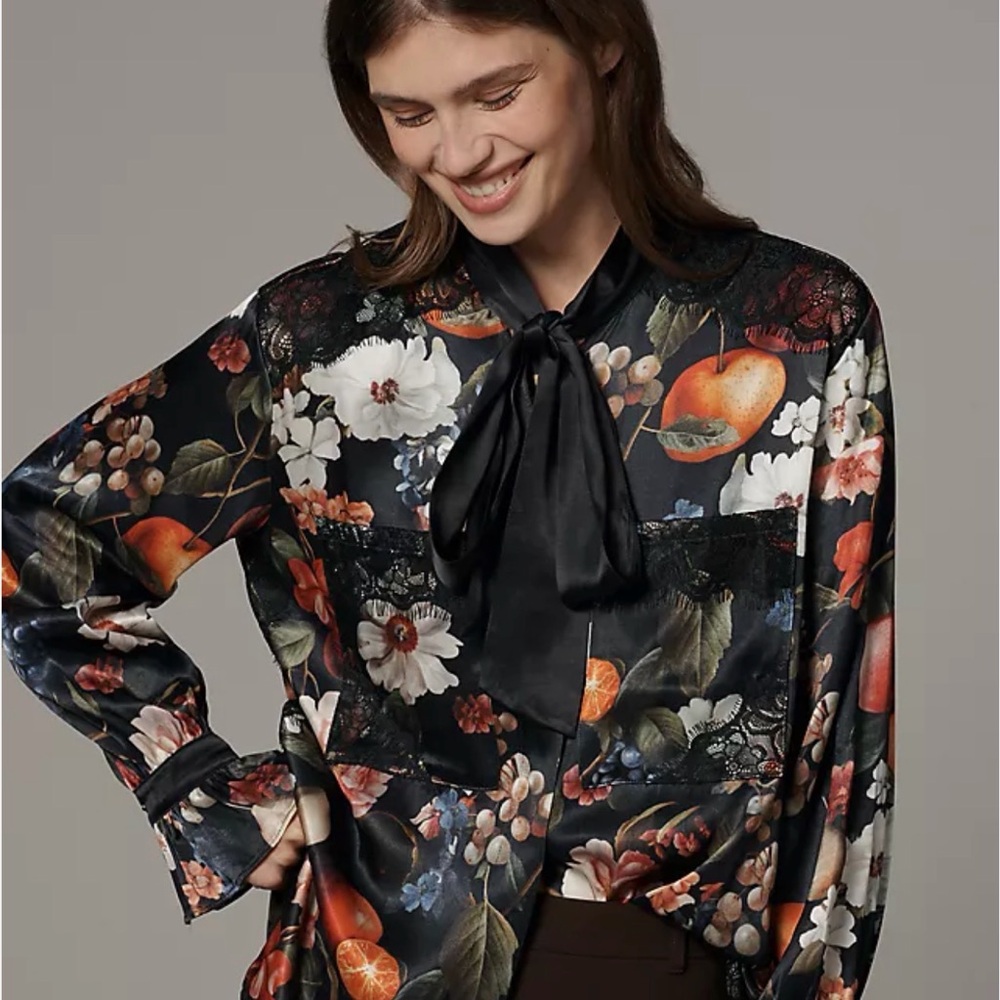 Anthropologie Black Satin Floral Tie-Neck Blouse